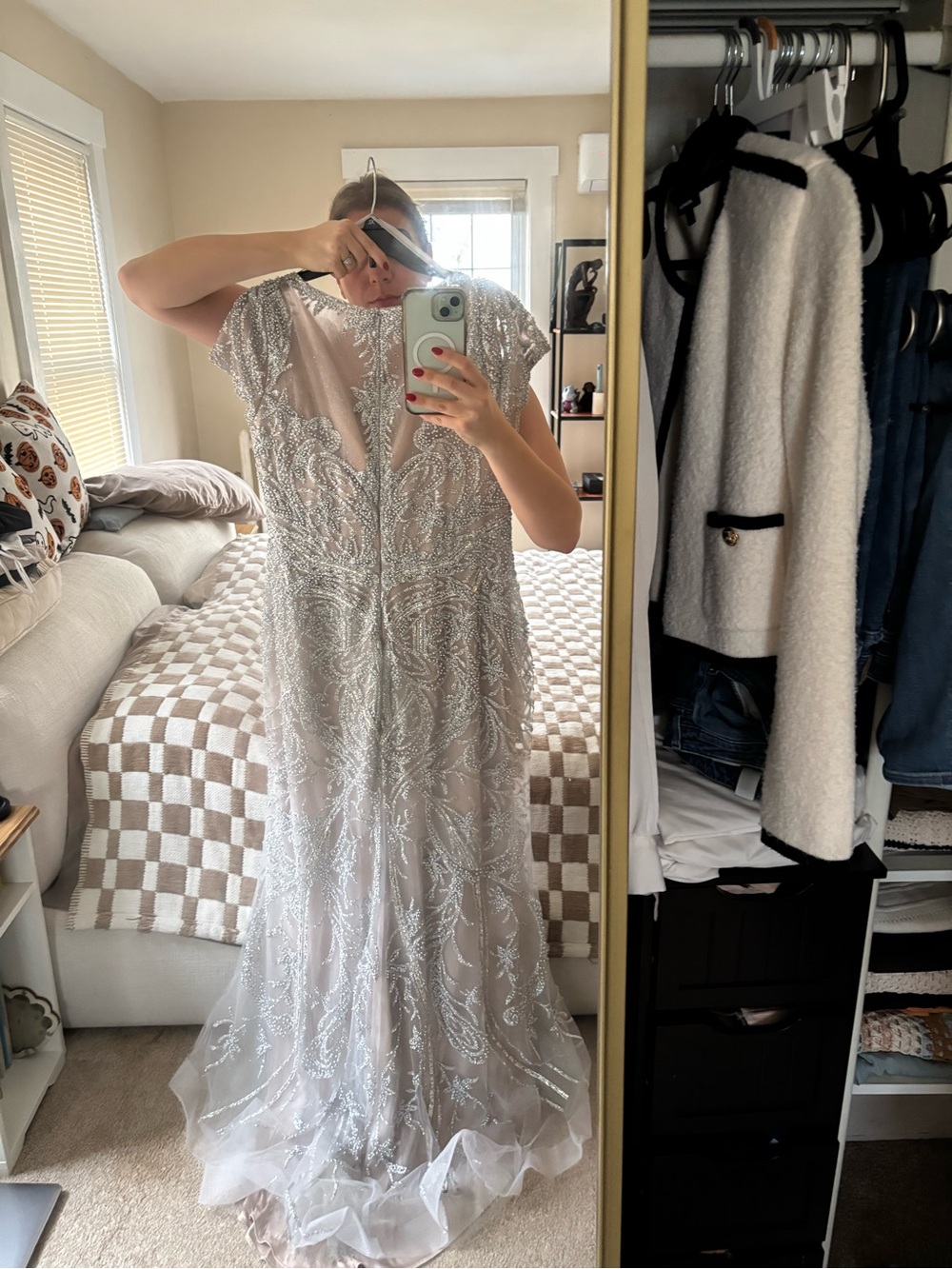Elegant Silver Beaded Evening Gown - Women Dresses